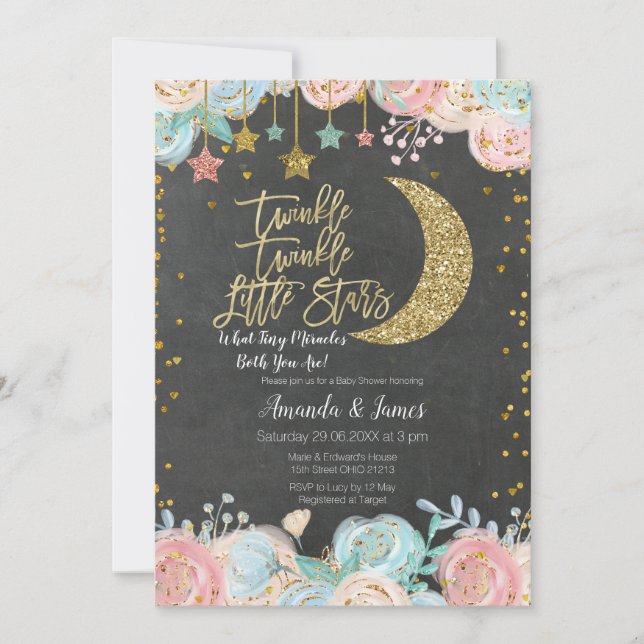 Invitación Twinkle Twinkle Little Star Twin Baby Shower (Anverso)