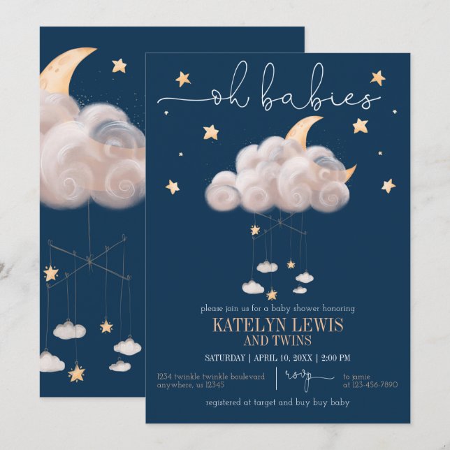 Invitación Twinkle Twinkle Little Star Twins Baby Shower (Anverso / Reverso)
