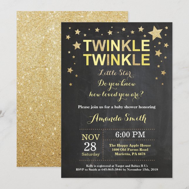 Invitación Twinkle Twinkle Little Star Yellow Baby Shower (Anverso / Reverso)