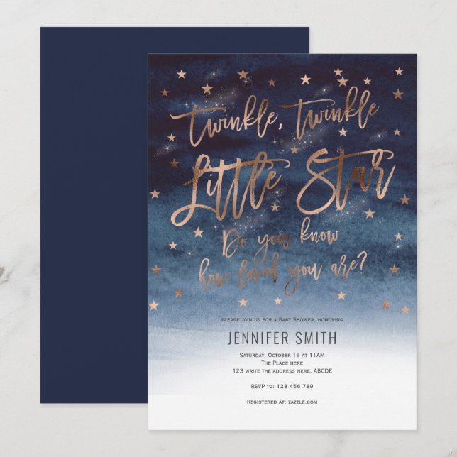 Invitación Twinkle Twinkle Little Stars, Baby Shower (Anverso / Reverso)