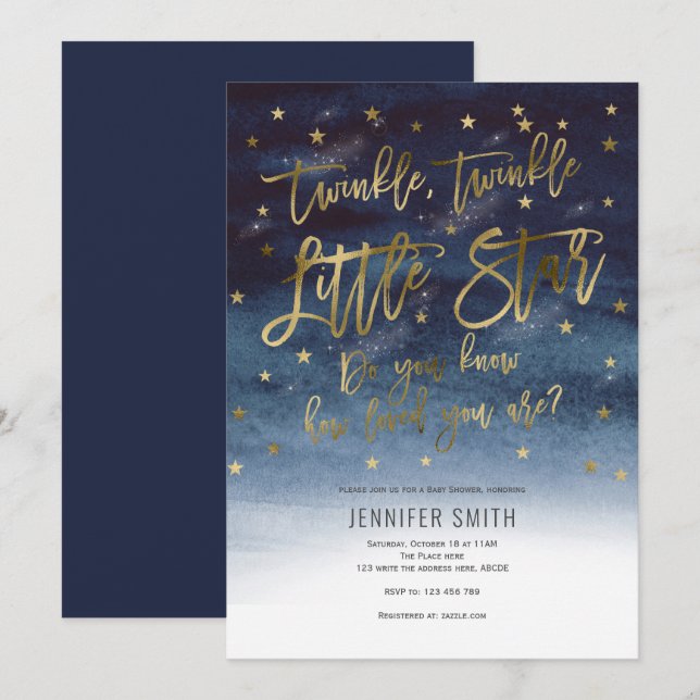 Invitación Twinkle Twinkle Little Stars, Baby Shower (Anverso / Reverso)