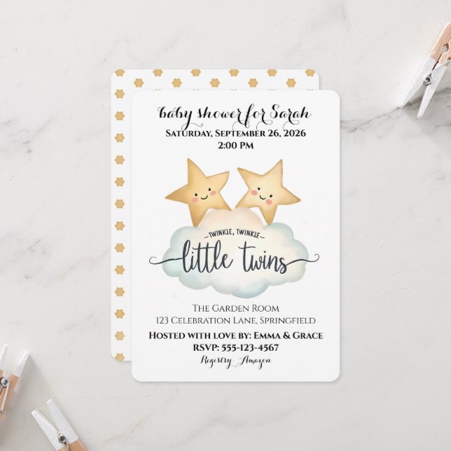 Invitación Twinkle, Twinkle Little Twins Baby Shower (Anverso/Reverso In Situ)