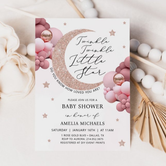 Invitación TWINKLE TWINKLE LUNA Rosa Y Baby Shower Estrellas (Subido por el creador)