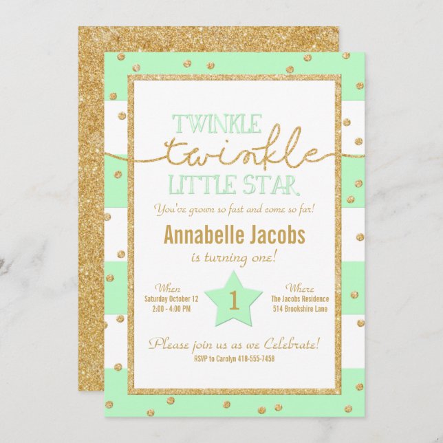 Invitación Twinkle Twinkle Mint and Gold Birthday Invitation (Anverso / Reverso)