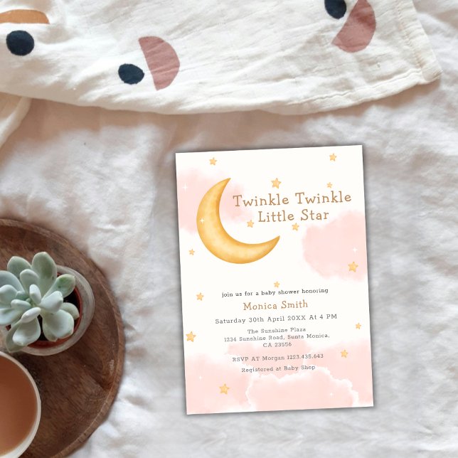 Invitación Twinkle Twinkle Moon Stars Chica Baby Shower (Twinkle Twinkle Moon Stars Girl Baby Shower Invitation)
