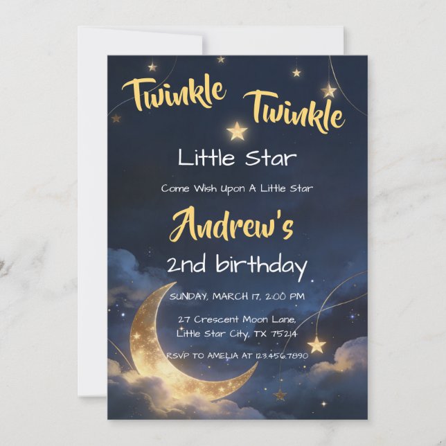 Invitación Twinkle Twinkle Noche Cielo Luna Creciente Cumplea (Anverso)