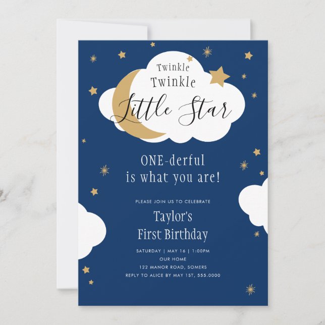 Invitación Twinkle Twinkle OneMaravilloso Boy First Birday (Anverso)