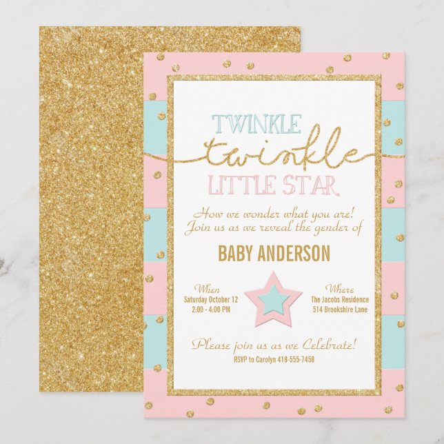 Invitación Twinkle Twinkle Oro Azul Rosa Revelación de género (Anverso / Reverso)