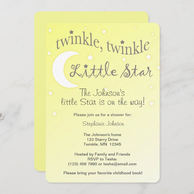 Invitación Twinkle Twinkle Pequeña estrella amarillo suave in (Anverso / Reverso)