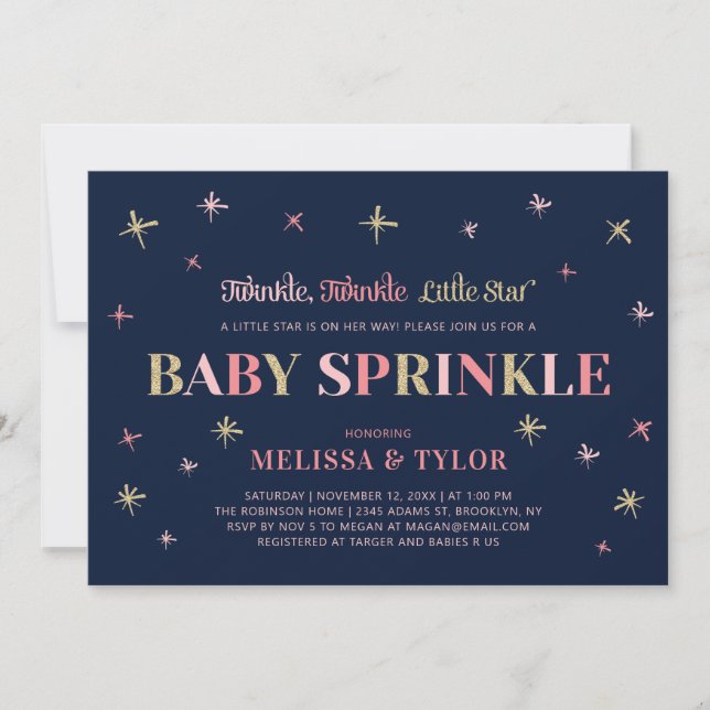 Invitación Twinkle Twinkle Pequeña Estrella Chica Bebé Sprink (Anverso)