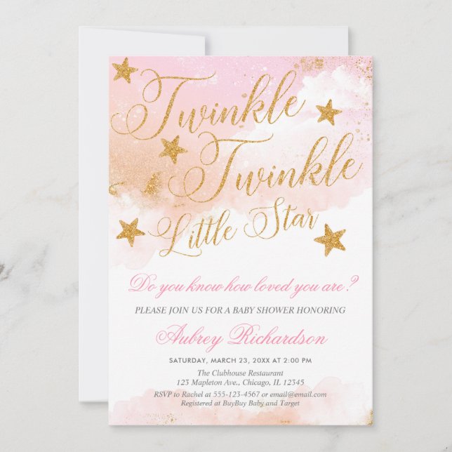 Invitación Twinkle Twinkle Pequeña estrella chica ducha de be (Anverso)