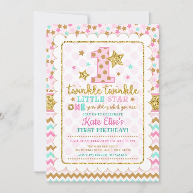 Invitación Twinkle Twinkle Pequeña Estrella Chica Primer Cump (Anverso)