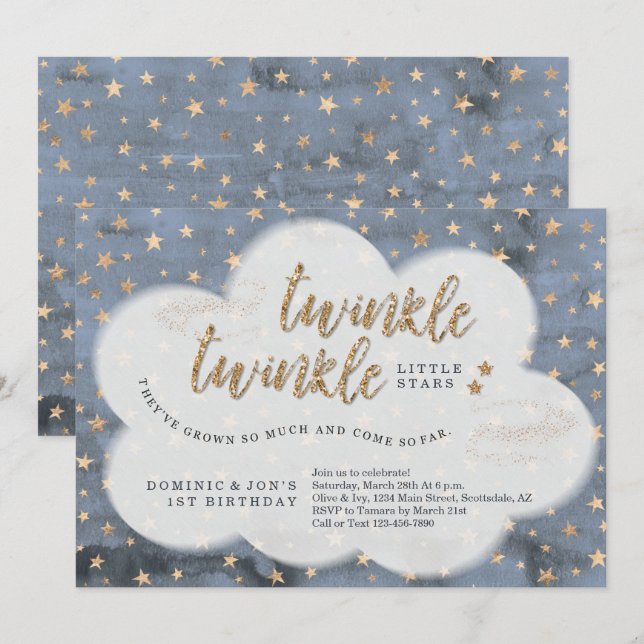 Invitación Twinkle Twinkle Pequeña Estrella Dos Niños Primer  (Anverso / Reverso)