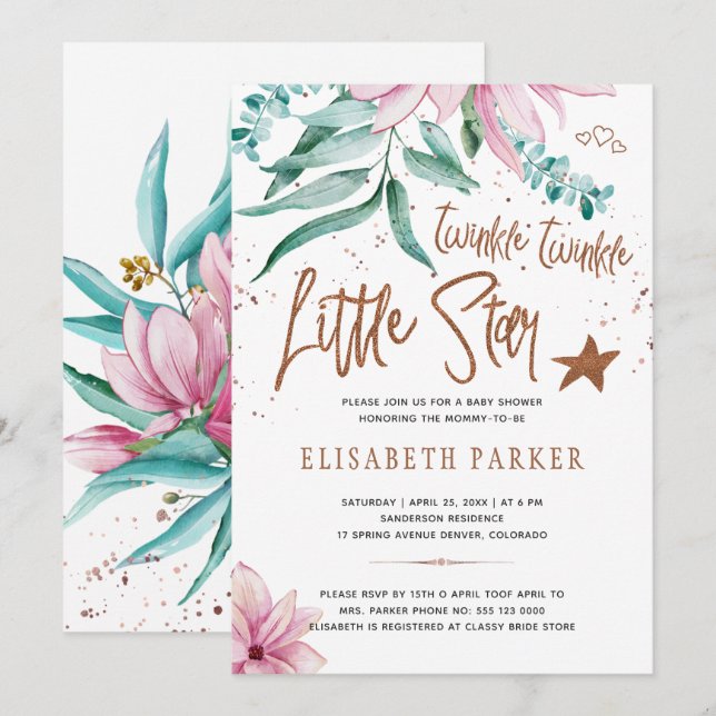 Invitación Twinkle twinkle pequeña estrella floral ducha bebé (Anverso / Reverso)