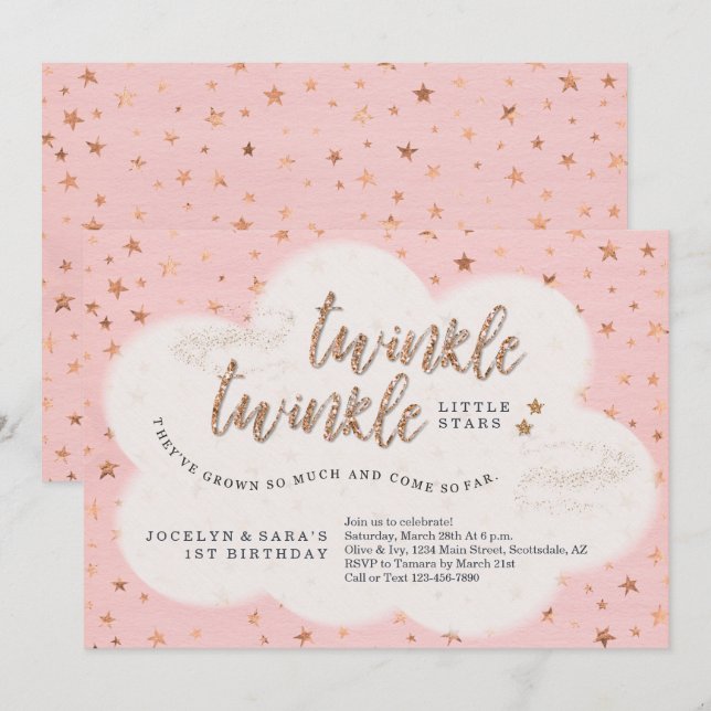 Invitación Twinkle Twinkle Pequeña Estrella gemela Chica prim (Anverso / Reverso)