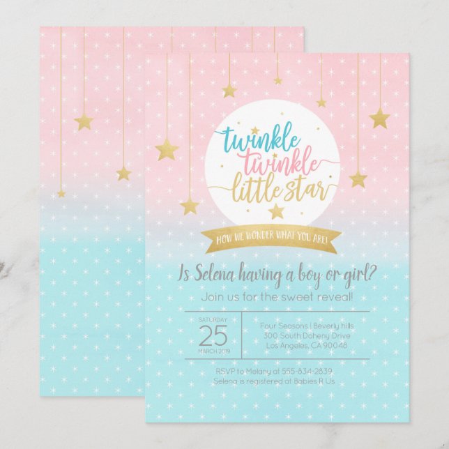 Invitación Twinkle Twinkle Pequeña Estrella Género Reventador (Anverso / Reverso)