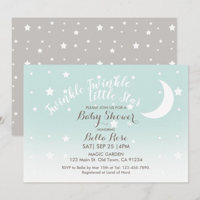 Invitación Twinkle twinkle pequeña estrella menta bebé ducha (Anverso / Reverso)