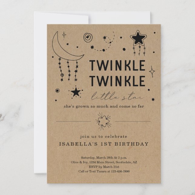 Invitación Twinkle Twinkle Pequeña Estrella Primer Niño Chica (Anverso)