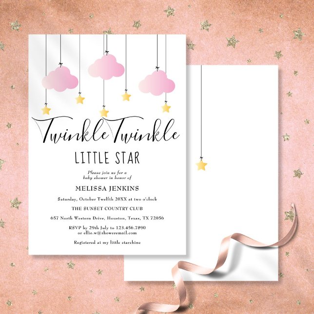 Invitación Twinkle Twinkle Pequeña Estrella Rosa Bebé Ducha (Twinkle Twinkle Little Star Pink Baby Girl Shower Invitation)
