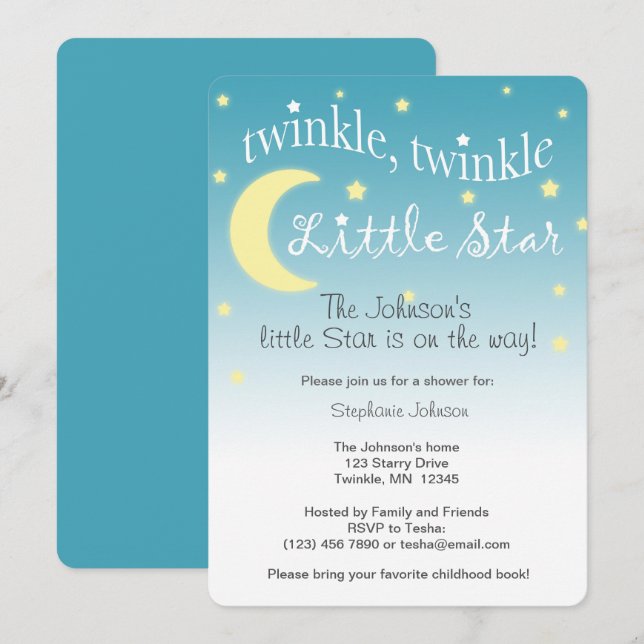Invitación Twinkle Twinkle Pequeña estrella verde azulada y b (Anverso / Reverso)
