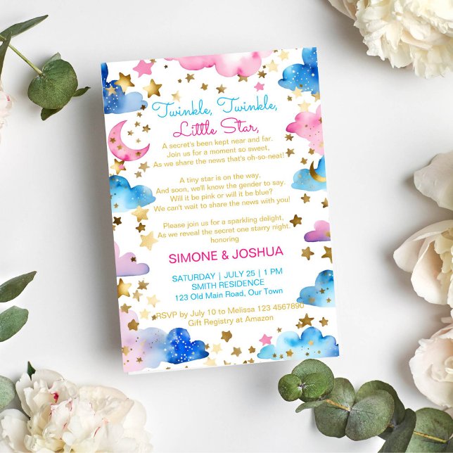 Invitación Twinkle twinkle pequeño estrella género revelar po (Twinkle twinkle little star poem gender reveal party template invitation instant download pink blue)
