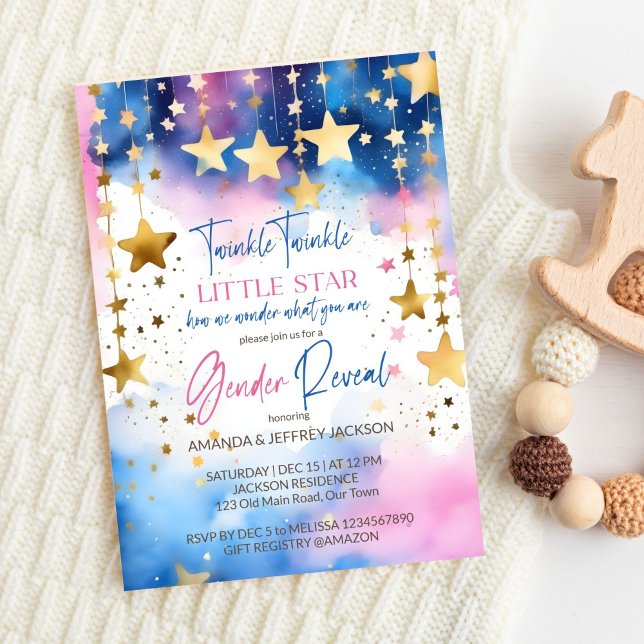 Invitación Twinkle twinkle pequeño revelación de género de es (Twinkle twinkle little star gender reveal editable template invitation digital download gold stars)