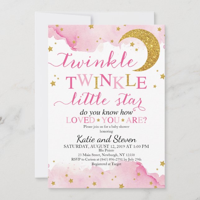 Invitación Twinkle Twinkle (rosa y oro) Baby Shower (Anverso)
