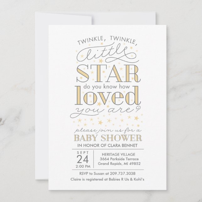 Invitación Twinkle Twinkle Star Tema Baby Shower amarillo (Anverso)