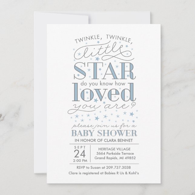 Invitación Twinkle Twinkle Star Tema Baby Shower Blue (Anverso)