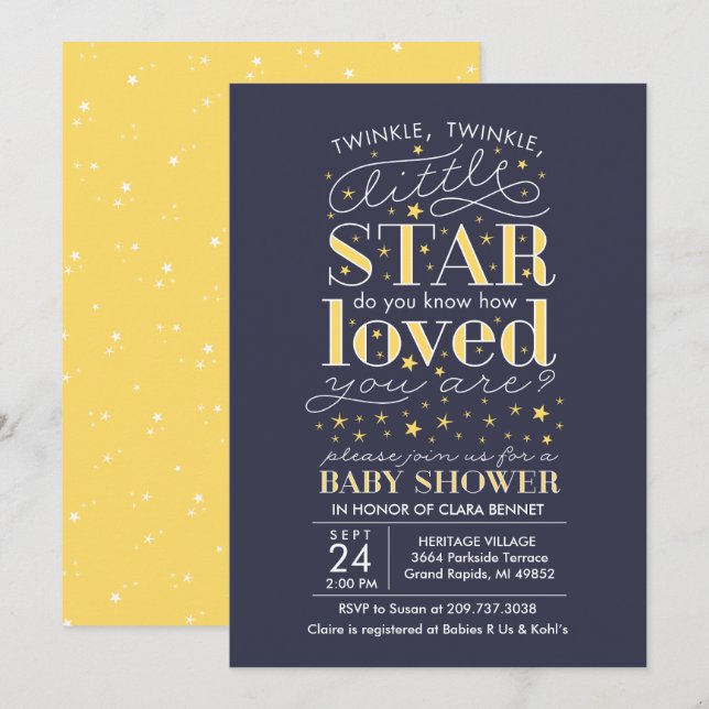 Invitación Twinkle Twinkle Star Theme Navy Baby Shower (Anverso / Reverso)