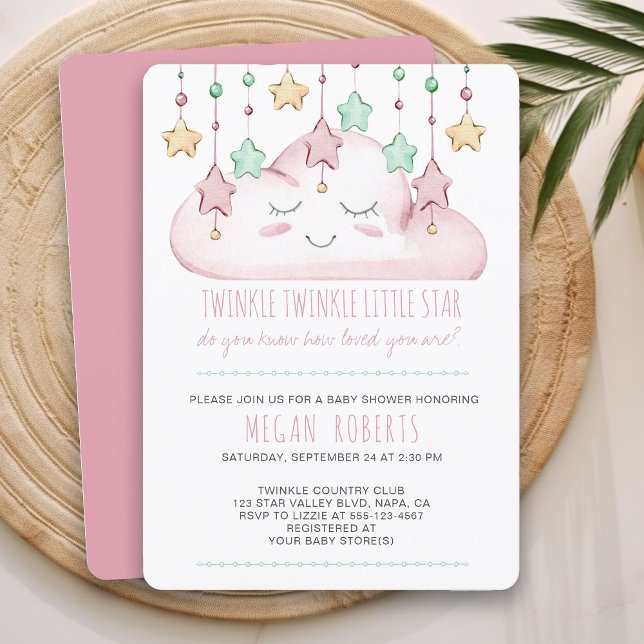 Invitación Twinkle Twinkle Stars y Cloud Chica Baby Shower (Pink Baby Shower Invitation from my Twinkle Twinkle baby shower collection)