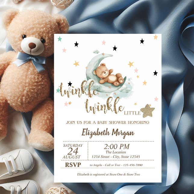 Invitación Twinkle Twinkle, Teddy Bear Moon Stars Baby Shower (Subido por el creador)