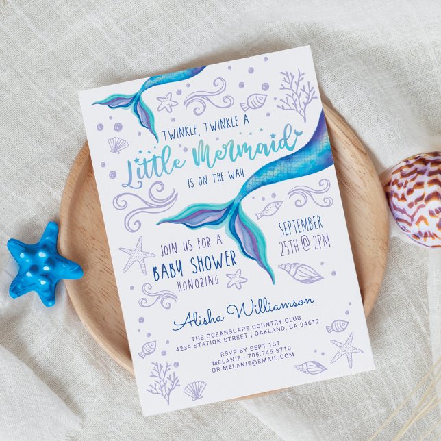 Invitación Twinkle Twinkle Twinkle Tirreno Mar Mermaid Blanco (Twinkle Twinkle Iridescent Ocean Mermaid White Invitation)