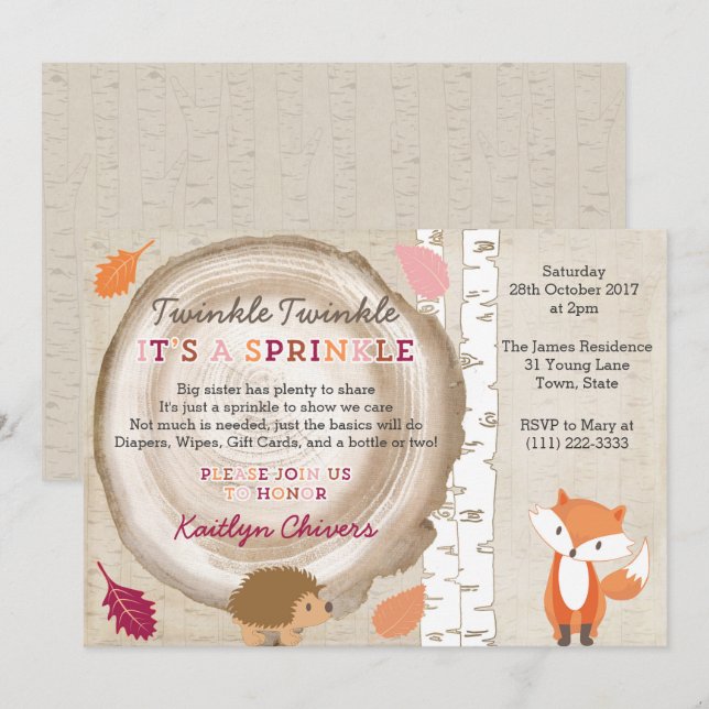Invitación Twinkle Twinkle Woodland Baby Sprinkle para el Chi (Anverso / Reverso)