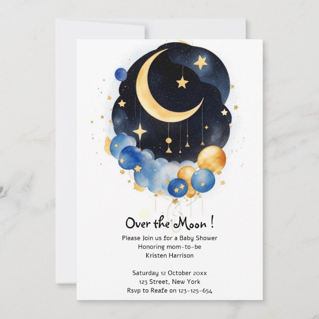 Invitación Twinkling Sky Baby Shower Moon & Stars Tema (Anverso)