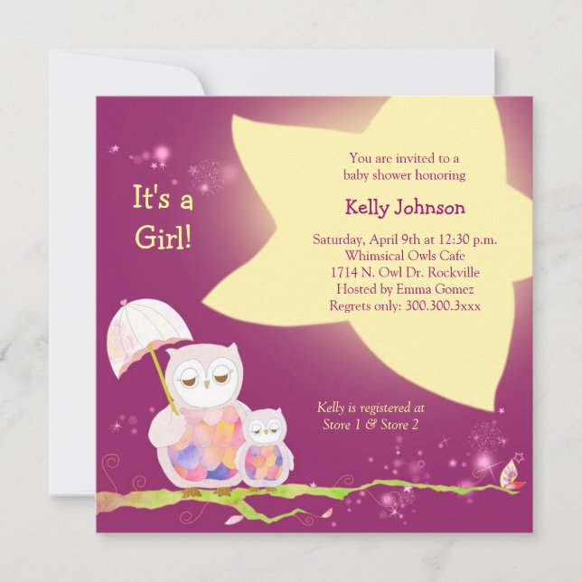 Invitación Twinkling Stars Owl Baby Girl Baby Shower (Anverso)