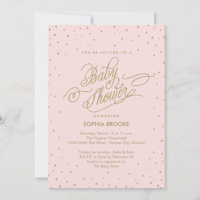 Invitación Twinkly Gold Stars Fancy Pink Baby Shower Invite (Anverso)