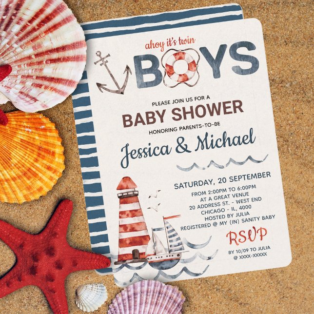 Invitación Twins Ahoy es un Baby Shower de chicos náuticos (Subido por el creador)