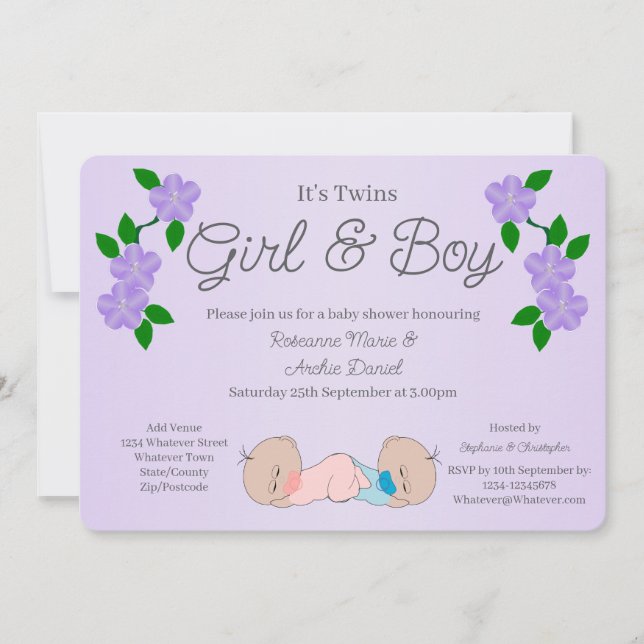 Invitación Twins Baby Girl And Boy Baby Shower (Anverso)