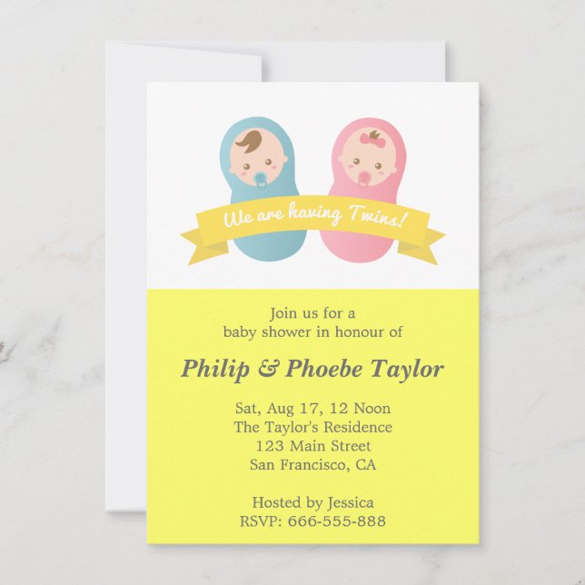 Invitación Twins Baby Shower - niño pequeño y Chica (Anverso)