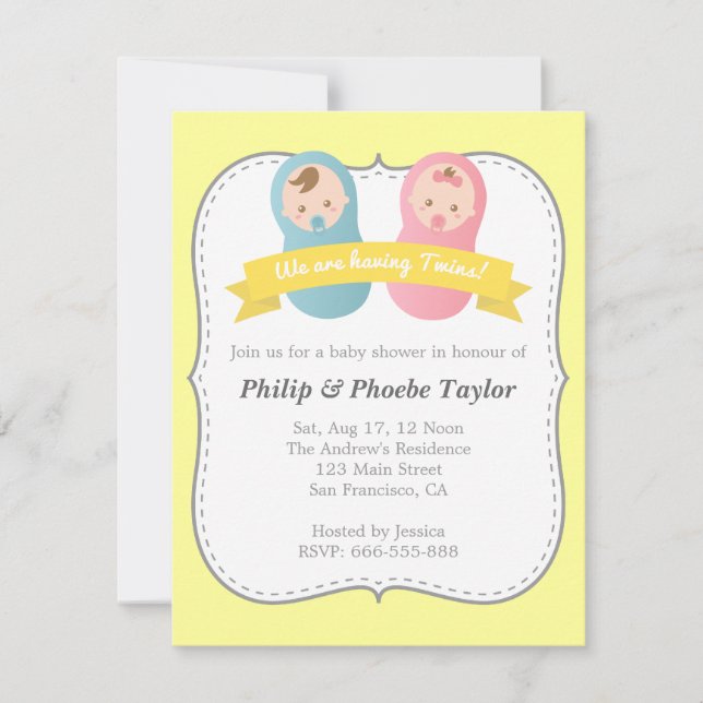 Invitación Twins Baby Shower - niño pequeño y Chica (Anverso)