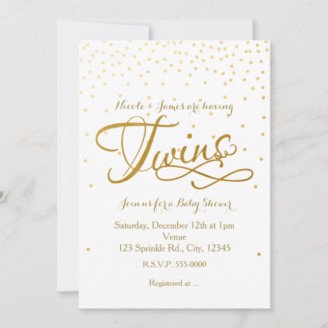 Invitación TWINS Baby Shower Unisex White & Gold (Anverso)