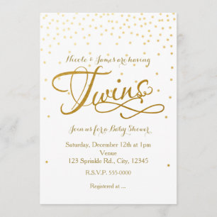 Invitación TWINS Baby Shower Unisex White & Gold