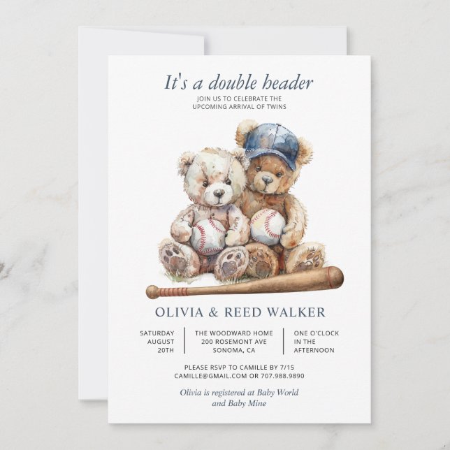 Invitación Twins Baseball Double Header Bear Baby Shower (Anverso)