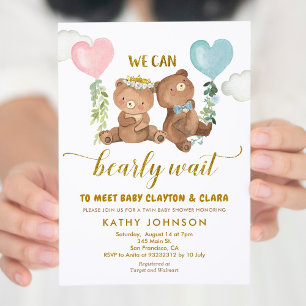 Invitación Twins Bear Balloon Baby Shower Invitation