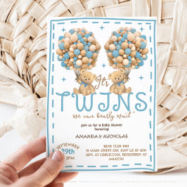 Invitación Twins Boy Bear Blue Balloon Baby Shower