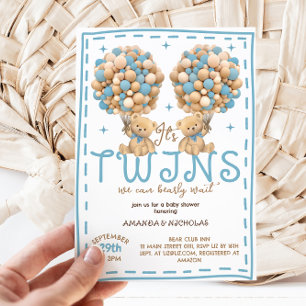 Invitación Twins Boy Bear Blue Balloon Baby Shower