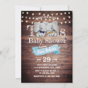 Invitación Twins Boy Elephant Rustic Barn Baby Shower