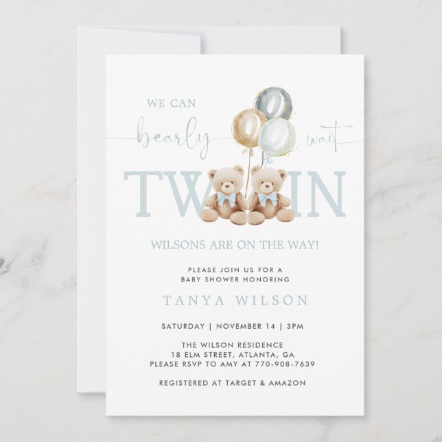 Invitación Twins Boy Teddy Bear Bearly Wait Baby Shower (Anverso)
