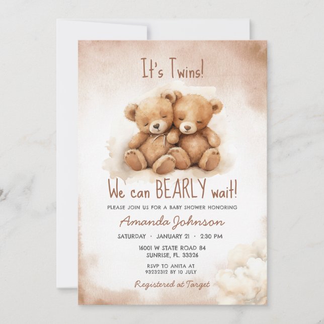 Invitación Twins Boys Brown Bear Baby Shower (Anverso)